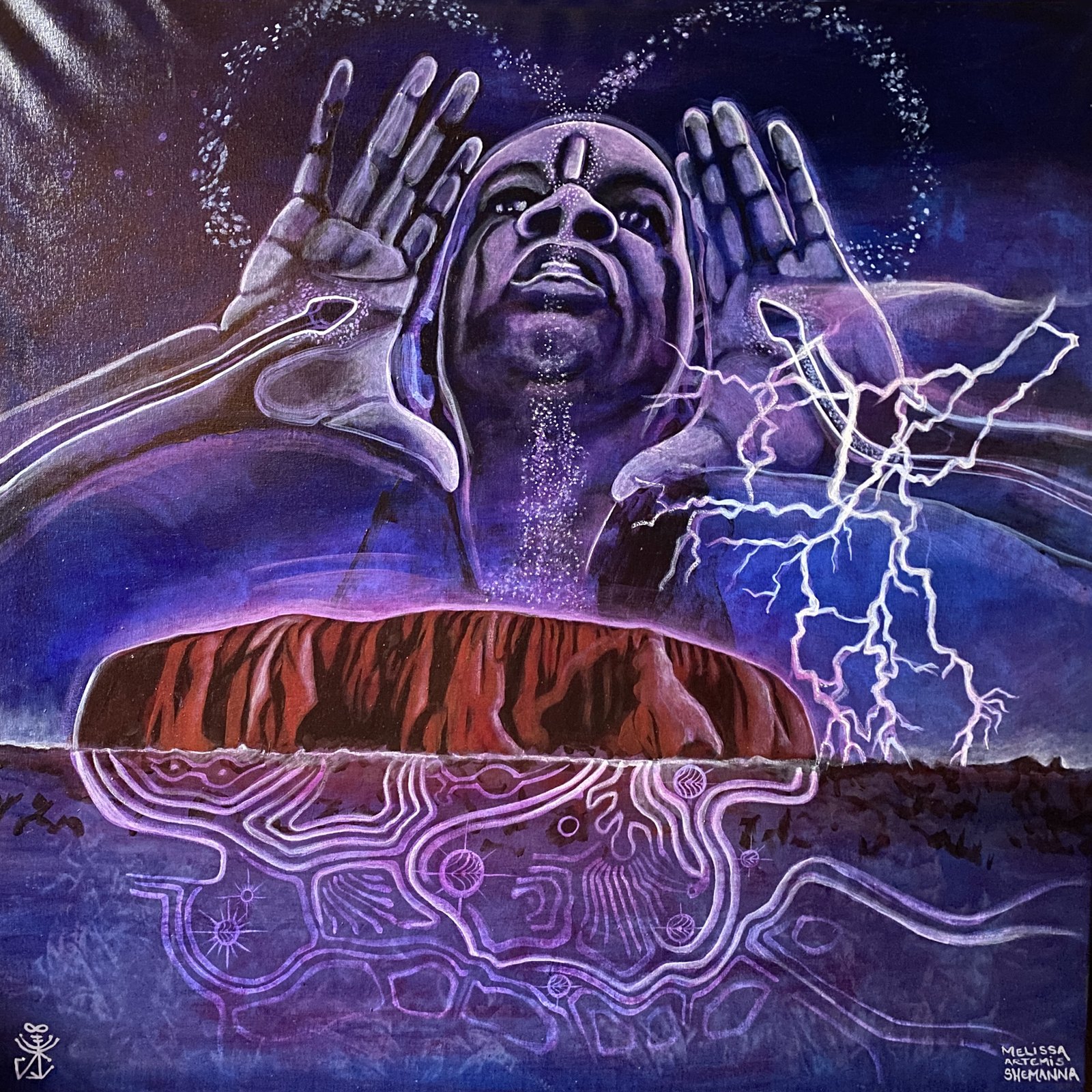 "Singing up Pleiadean Songline" - A painting by Melissa Artemis Shemanna depicting an indigenous elder law woman singing up the spirit of the Pleiadean Dreaming at Uluru, Australia.